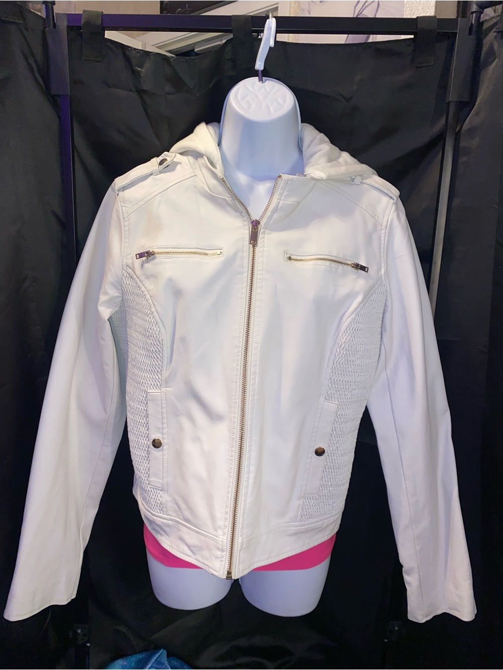 Guess White Hooded Zip Leather Jacket